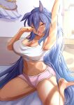 1girl absurdres alternate_costume animal_ears arm_up armpits barefoot black_hair commentary_request curtains dolphin_shorts eve_on_k fang hair_between_eyes highres hishi_amazon_(umamusume) horse_ears horse_girl horse_tail indoors long_hair midriff navel on_bed one_eye_closed open_mouth pink_shorts red_eyes shorts sitting solo tail tank_top umamusume waking_up wariza white_tank_top yawning 