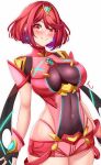  1girl anisdrawn armor artist_name black_gloves bob_cut breasts chest_jewel core_crystal_(xenoblade) covered_navel drop_earrings earrings english_commentary fingerless_gloves gloves highleg highleg_panties highres jewelry large_breasts looking_at_viewer micro_shorts panties panty_peek pyra_(xenoblade) red_armor red_eyes red_hair red_panties red_shorts short_hair shorts shoulder_armor smile solo swept_bangs tiara underwear white_background xenoblade_chronicles_(series) xenoblade_chronicles_2 