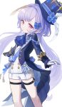  1girl 750x077 absurdres alternate_hairstyle ascot asymmetrical_gloves black_gloves blue_ascot blue_bow blue_brooch blue_coat blue_gemstone blue_headwear blush bow closed_mouth coat cosplay earrings flat_chest furina_(genshin_impact) furina_(genshin_impact)_(cosplay) garter_straps gem genshin_impact gloves gold_earrings hair_bow hat highres jewelry jiangshi kodona lolita_fashion long_hair long_sleeves looking_at_viewer mismatched_gloves ofuda_on_head outstretched_hand purple_eyes purple_hair qiqi_(genshin_impact) shirt short_shorts shorts signature sleeve_cuffs solo stud_earrings thigh_strap top_hat twintails white_background white_gloves white_shirt white_shorts 