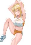  1girl armpits arms_up blonde_hair blush breasts breath buruma collarbone commentary commission crop_top gym_uniform highres leg_up looking_at_viewer love_live! love_live!_nijigasaki_high_school_idol_club medium_breasts midriff miyashita_ai navel one_eye_closed parted_lips pixiv_commission pokehikaxyz ponytail shadow shoes sidelighting simple_background sitting stairs steam steaming_body sweat thighs track_and_field white_background yellow_eyes 