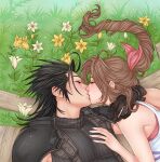  1boy 1girl aerith_gainsborough arm_around_neck armor bare_shoulders black_gloves black_hair braid braided_ponytail brown_hair closed_eyes commentary couple crisis_core_final_fantasy_vii crylin6 dress english_commentary final_fantasy final_fantasy_vii flower from_above gloves grass hair_ribbon hair_slicked_back hand_on_another&#039;s_chest hand_on_another&#039;s_shoulder highres kiss long_hair lying on_back on_side parted_bangs pink_ribbon profile ribbed_sweater ribbon shoulder_armor sidelocks sleeveless sleeveless_dress sleeveless_turtleneck spaghetti_strap spiked_hair sweater turtleneck turtleneck_sweater upper_body white_flower yellow_flower zack_fair 