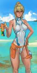  1girl blonde_hair blue_eyes blue_sky breasts cloud day highleg highleg_swimsuit highres holster medium_breasts metroid mossacannibalis ocean one-piece_swimsuit outdoors ponytail samus_aran sky solo swimsuit water_gun 