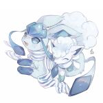  alolan_vulpix blue_eyes blue_fur blue_sclera closed_eyes colored_sclera commentary_request glaceon hideko_(l33l3b) highres lying no_humans open_mouth pokemon pokemon_(creature) pokemon_sm scarf signature sweatdrop tail two-tone_fur white_background white_fur 