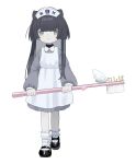  1girl animal_ears apron black_footwear black_hair blue_apron blue_headwear blunt_bangs cat_ears closed_mouth collared_dress dress full_body grey_dress grey_eyes hat highres holding holding_toothbrush hougetsu_(moon_neetcat) long_hair long_sleeves looking_at_viewer nurse nurse_cap original oversized_object puffy_long_sleeves puffy_sleeves shoes simple_background socks solo standing toothbrush translation_request white_background white_socks 