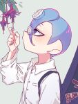  .96_gal_(splatoon) 1boy blue_eyes blue_hair blue_nails collar collared_shirt commentary eyelashes inuowour leaf mohawk octoling octoling_boy plant shirt short_hair solo splatoon_(series) splatoon_3 squeezer_(splatoon) sticker symbol-only_commentary tentacle_hair upper_body white_background white_collar 