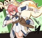  1girl animal_ears blue_shirt cowlick fire_emblem fire_emblem_heroes frilled_sleeves frills grey_eyes hair_between_eyes lizsbbp long_sleeves looking_at_viewer pink_hair ratatoskr_(fire_emblem) shirt squirrel_ears squirrel_girl squirrel_tail tail 