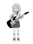  1girl black_footwear blue_skirt collared_shirt full_body grey_eyes grey_hair grey_shirt guitar highres holding holding_guitar holding_instrument holding_plectrum hougetsu_(moon_neetcat) instrument long_sleeves looking_at_viewer music open_mouth original playing_instrument pleated_skirt plectrum school_uniform shirt shoes short_hair simple_background skirt sneakers socks solo standing vest white_background white_socks yellow_vest 