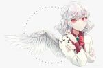  1girl bow bowtie crescent expressionless highres jacket kishin_sagume long_sleeves looking_at_viewer poteimo_(poteimo622) red_bow red_bowtie red_eyes red_shirt shirt short_hair solo star_(symbol) touhou white_background white_hair white_jacket white_wings wings 