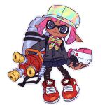  1girl autobomb_(splatoon) baseball_cap black_pants bow bowtie commentary_request dark-skinned_female dark_skin full_body green_bow green_bowtie grey_eyes grey_sweater hat highres holding holding_weapon hydra_splatling_(splatoon) ikki_(gsl_9708) inkling inkling_girl korean_commentary multicolored_clothes multicolored_headwear pants pink_bow pink_bowtie pink_hair pleated_skirt pointy_ears red_footwear shoes short_hair simple_background skirt solo splatoon_(series) splatoon_3 sweater thick_eyebrows torn_clothes torn_pants two-tone_bowtie weapon white_background 