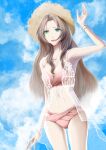  1girl aerith_gainsborough amemori_0207 bikini blue_sky bracelet breasts brown_hair cleavage closed_mouth cloud cloudy_sky final_fantasy final_fantasy_vii final_fantasy_vii_ever_crisis final_fantasy_vii_remake green_eyes hand_up hat highres jewelry lace long_hair medium_breasts midriff navel official_alternate_costume outdoors parted_bangs pink_bikini pink_lips sidelocks sky smile solo straw_hat swimsuit thigh_gap wavy_hair 