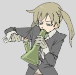  1girl blonde_hair bong buttons coat gloves green_eyes green_necktie grey_background holding holding_lighter lighter looking_down maka_albarn marijuana necktie pantsu-ripper smoking solo soul_eater twintails upper_body v-shaped_eyebrows 