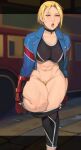  1girl abs blonde_hair cammy_white choker english_commentary female_pubic_hair jacket muscular muscular_female navel nidhoggn open_clothes open_jacket open_mouth pubic_hair short_hair solo street_fighter street_fighter_6 teeth tongue 