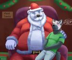  2023 anthro beard belly big_belly blush bottomwear canid canine chair christmas christmas_clothing christmas_headwear clothing costume detailed_background duo english_text facial_hair fur furniture hat headgear headwear hi_res holidays male mammal mature_male mustache overweight overweight_male pants pawhan3 santa_claus santa_costume santa_hat shirt sitting size_difference text topwear white_body white_fur 
