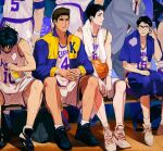  4boys absurdres adjusting_eyewear ball basketball_(object) basketball_court basketball_jersey basketball_uniform bench black_bag black_footwear black_hair blue_towel brown_hair closed_eyes closed_mouth crowd dark-skinned_male dark_skin flu70579711 highres holding holding_ball indoors jacket jin_souichirou kiyota_nobunaga looking_ahead maki_shin&#039;ichi male_focus miyamasu_yoshinori mole mole_under_eye multicolored_clothes multicolored_jacket multiple_boys open_clothes open_jacket own_hands_clasped own_hands_together shoes shorts sigh sitting slam_dunk_(series) smile sneakers socks sportswear sweat tank_top toned toned_male towel towel_around_neck two-tone_jacket undercut white_footwear white_shorts white_socks white_tank_top white_towel white_wristband 