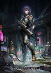  1girl assault_rifle assault_visor blue_eyes bodysuit boots breasts building bullet_hole cable concept_art copyright_name cyborg damaged debris derivative_work dirty english_commentary english_text ghost_in_the_shell gloves gun head-mounted_display headgear highres holding holding_gun holding_weapon kusanagi_motoko logo machinery mechanical_parts medium_breasts neon_lights night original police police_uniform purple_hair realistic redesign rifle ruins science_fiction scope suppressor thedurianart title uniform weapon 
