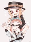  2girls black_headwear bow closed_mouth commentary grey_eyes hat highres inkling inkling_girl medium_hair multiple_girls octoling octoling_girl on_head one_eye_closed open_mouth orange_bow orange_hair person_on_head plum0o0 pointy_ears red_eyes shoes simple_background smile splatoon_(series) symbol-only_commentary teeth tentacle_hair upper_body white_background white_footwear 