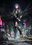  1girl absurdres assault_rifle blue_eyes bodysuit boots breasts building bullet_hole concept_art cyborg damaged debris dirty english_commentary english_text ghost_in_the_shell gloves gun highres kusanagi_motoko logo machinery neon_lights night original police police_uniform purple_hair realistic redesign rifle ruins science_fiction scope suppressor thedurianart title uniform weapon 