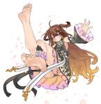  1girl ahoge anya_melfissa anya_melfissa_(1st_costume) armpits barefoot black_dress black_ribbon blush bow bowtie brown_hair dress eiji_(eiji) expressionless feet foot_focus foreshortening gradient_hair heart highres hololive hololive_indonesia kneepits legs long_hair looking_at_viewer multicolored_hair panties pantyshot purple_eyes ribbon single_ankle_cuff sleeveless sleeveless_dress soles toenails toes twintails underwear very_long_hair virtual_youtuber wavy_hair white_bow white_bowtie white_ribbon 