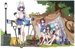  4girls ahoge animal_ears aqua_eyes bare_shoulders black_hair blue_archive blue_hair blue_skirt blue_tank_top brown_hair camisole camping closed_eyes closed_mouth collarbone drum_(container) elbow_pads fake_animal_ears full_body grey_halo hair_between_eyes halo hand_on_own_hip hard_hat helmet highres ideolo knee_pads lamppost light_blue_hair long_hair looking_at_viewer midriff miyako_(blue_archive) miyu_(blue_archive) moe_(blue_archive) multiple_girls navel parted_bangs purple_hair rabbit_ears rabbit_platoon_(blue_archive) saki_(blue_archive) sandals short_hair single_elbow_pad single_knee_pad sitting sitting_on_object skirt smile standing tank_top tent thigh_strap tree twintails unworn_shirt white_camisole white_headwear yellow_halo 