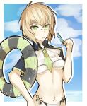  blonde_hair dramatical_murder food genderswap genderswap_(mtf) green_eyes highres innertube nitro+_chiral noiz_(dramatical_murder) piercing popsicle swimsuit water wet wet_clothes 