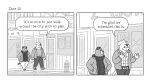 2023 anthro belly big_belly bottomwear canid canine canis clothing comic detailed_background dialogue domestic_dog dot_eyes duo english_text hi_res lukehealy male mammal outside overweight overweight_male pants shirt sweater text topwear walking 