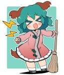  &gt;_&lt; 1girl animal_ears black_footwear blush broom dog_ears dog_tail dress fang full_body green_hair holding holding_broom ini_(inunabe00) kasodani_kyouko long_sleeves open_mouth pink_dress shoes short_hair smile socks solo tail touhou white_socks 