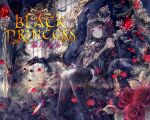  1girl album_cover album_name bare_shoulders bird black_dress black_hair black_thighhighs closed_mouth commentary_request cover crow crown curtains dress dress_flower falling_petals flower flying holding holding_scepter long_hair looking_at_viewer mini_crown onineko original petals red_flower red_rose rose scepter sitting solo thighhighs throne window 