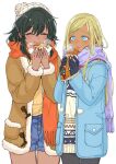  2girls alternate_costume beanie bintaptyo black_gloves black_hair blonde_hair blue_coat blue_eyes blush bread breath brown_coat bun_(food) buttons closed_eyes closed_mouth coat commentary cowboy_shot denim denim_shorts ear_blush eating enpera food food_in_mouth fur_coat fur_trim gloves hair_between_eyes hands_up hat highres holding holding_food ice_cream ice_cream_sandwich idolmaster idolmaster_cinderella_girls layla_(idolmaster) light_blush long_hair long_sleeves looking_at_food medium_hair multicolored_sweater multiple_girls natalia_(idolmaster) nose_blush open_clothes open_coat open_mouth pocket pom_pom_(clothes) pom_pom_beanie purple_scarf red_scarf scarf shirt shorts sidelocks simple_background smile sol_qamar_(idolmaster) standing straight-on straight_hair sweater swept_bangs thighs white_background white_headwear winter_clothes wrapper yellow_shirt 