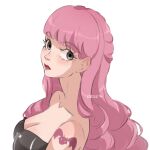  1girl arm_tattoo black_dress blunt_bangs dress drill_hair eiriseth english_commentary eyelashes grey_eyes highres long_hair one_piece perona pink_hair pink_lips profile simple_background solo strapless strapless_dress tattoo upper_body white_background 