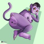  anthro anus breasts butt ear_piercing ear_ring eyeshadow feet female fours_(artist) genitals green_eyes hand_on_head haplorhine hi_res makeup mammal mohawk monkey nipples piercing presenting presenting_hindquarters primate purple_body pussy ring_piercing smile solo spread_butt spreading 