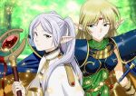  2girls absurdres armor blonde_hair blue_cape breastplate cape capelet cheesecake_(artist) circlet deedlit dress earrings elf frieren green_eyes grey_hair highres jewelry long_hair long_pointy_ears long_sleeves looking_at_another multiple_girls parted_bangs pointy_ears record_of_lodoss_war sheath sheathed shoulder_armor sousou_no_frieren species_connection sword twintails very_long_hair weapon white_capelet 