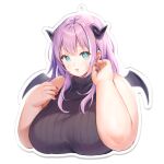  1girl acrylic_stand agano_mai alpha_transparency aqua_eyes artist_request breasts commentary_request dot_nose fat hair_between_eyes horns huge_breasts indie_virtual_youtuber lips long_hair looking_at_viewer mini_wings open_hand parted_lips purple_hair red_nails ribbed_sweater sleeveless solo sweater thick_arms transparent_background turtleneck turtleneck_sweater upper_body virtual_youtuber wings 