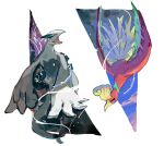  animal_focus beak bird colored_skin feathered_wings feathers green_feathers ho-oh lugia maumaujanken no_humans open_mouth pokemon pokemon_(creature) red_eyes red_feathers red_skin simple_background white_background white_feathers white_skin wings 