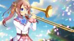  1girl blue_bow blue_eyes blue_sky blurry blurry_background blush bow breasts brown_hair cloud collared_shirt commentary_request commission day depth_of_field glasses holding holding_instrument instrument jacket kou_hiyoyo long_hair multicolored_hair music original outdoors pink_skirt plaid plaid_skirt playing_instrument pleated_skirt round_eyewear shirt skeb_commission skirt sky small_breasts solo streaked_hair trombone twintails two-tone_hair white_jacket white_shirt 