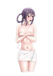  1girl akebono_(kancolle) breasts covering_breasts covering_privates cowboy_shot highres kantai_collection long_hair looking_to_the_side naked_towel navel purple_eyes purple_hair shushan side_ponytail simple_background small_breasts solo topless towel towel_around_waist very_long_hair white_background 