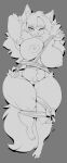  absurd_res anthro big_breasts big_tail breasts canid canine canis chalo female genitals hair hand_behind_head hi_res huge_breasts long_hair mammal monochrome nipples nude pussy ribbons solo spiky_hair tail watermark wolf wrappings 