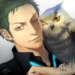 1boy animal bird black_shirt closed_mouth commentary_request dated english_commentary green_hair looking_at_viewer male_focus mixed-language_commentary one_eye_closed one_piece owl red_eyes roronoa_zoro scar scar_across_eye scar_on_face shirt short_hair solo vovo2000 
