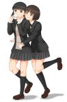  2girls :3 amagami ayatsuji_tsukasa baozi black_bow black_bowtie black_eyes black_hair black_jacket black_sailor_collar black_skirt black_socks blazer blush bob_cut bow bowtie breasts brown_eyes brown_footwear brown_hair brown_sweater closed_mouth collared_shirt commentary dress_shirt eating feilong_(rong0102) food foot_up from_side head_on_another&#039;s_shoulder holding holding_food hug hug_from_behind jacket kibito_high_school_uniform kneehighs loafers long_hair long_sleeves looking_at_another looking_at_viewer looking_to_the_side loose_hair_strand medium_breasts messy_hair multiple_girls open_clothes open_jacket pleated_skirt sailor_collar school_uniform shadow shirt shoes short_hair simple_background skirt small_breasts smile socks sweater walking white_background white_shirt 