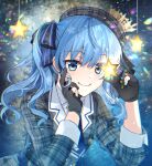  blue_eyes blue_hair chocho_(homelessfox) crown gloves hololive hoshimachi_suisei necktie partially_fingerless_gloves plaid plaid_headwear plaid_shirt ribbon shirt side_ponytail sky star_(sky) star_ornament starry_sky virtual_youtuber 