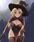  1girl artist_name asymmetrical_bangs black_gloves blonde_hair breasts cleavage earrings food-themed_earrings gloves highres jewelry leaning looking_at_viewer mercy_(overwatch) official_alternate_costume official_alternate_hairstyle overwatch overwatch_1 pelvic_curtain pumpkin_earrings purple_eyes purrlucii single_earring smile solo thighhighs thighs witch 