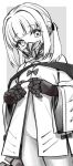  1girl bare_shoulders blue_archive blush dress ein_(blue_archive) greyscale hair_ribbon highres izuoku looking_at_viewer mask mechanical_arms monochrome mouth_mask own_hands_together ribbon sidelocks simple_background solo symbol-shaped_pupils tail wide_sleeves x-shaped_pupils 