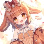  1girl :d animal_ears bare_shoulders blunt_bangs blurry blurry_background blush bow brown_dress brown_hair choker collarbone commentary confetti depth_of_field dress dutch_angle english_commentary hair_bow hair_ornament looking_at_viewer mauve miuna_usako neck_ribbon off_shoulder orange_eyes pixellink rabbit_hair_ornament ribbon ribbon_trim sleeveless sleeveless_dress smile solo virtual_youtuber white_choker white_ribbon 
