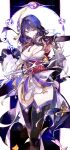 1girl absurdres black_thighhighs breasts cleavage cocoballking commentary feet_out_of_frame genshin_impact highres japanese_clothes kimono long_hair medium_breasts purple_eyes purple_hair purple_kimono raiden_shogun solo standing thighhighs thighs 