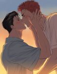  2boys black_eyes black_hair blue_shirt blush closed_eyes couple from_side gradient_background half-closed_eyes hands_on_another&#039;s_head height_difference highres kiss llll_100 looking_at_another male_focus mito_youhei multiple_boys open_mouth pompadour profile red_hair sakuragi_hanamichi shirt short_hair simple_background slam_dunk_(series) sweatdrop underlighting upper_body white_shirt yaoi 