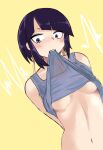  1girl abs arms_behind_back bare_shoulders blue_eyes blunt_bangs blush boku_no_hero_academia breasts cardiogram clothes_in_mouth clothes_lift commentary constricted_pupils dutch_angle embarrassed eyelashes grey_tank_top highres irelking jirou_kyouka lifted_by_self long_earlobes looking_at_viewer medium_breasts midriff mouth_hold navel panties purple_hair shirt_in_mouth shirt_lift short_hair sidelocks tank_top toned underboob underwear upper_body v-shaped_eyebrows white_panties yellow_background 