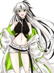  1girl apomu bare_shoulders black_hair black_shirt breasts commentary_request fate/grand_order fate_(series) floating_hair green_eyes green_jacket hair_between_eyes highres jacket long_hair looking_at_viewer medium_breasts midriff multicolored_clothes multicolored_hair multicolored_jacket nagao_kagetora_(fate) navel off_shoulder open_clothes open_jacket open_mouth shirt short_shorts shorts simple_background sleeveless sleeveless_shirt smile solo stomach teeth two-tone_hair two-tone_jacket upper_teeth_only very_long_hair white_background white_hair white_jacket white_shorts 
