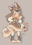  1girl :3 ;d absurdres ahoge animal_bag animal_ear_fluff animal_ears artist_name bag blue_eyes body_fur bow brown_background brown_dress brown_footwear brown_fur brown_hair capelet cat_ears cat_girl cat_tail chinese_commentary commentary_request cross-laced_footwear dress dress_bow drop_shadow fangs frilled_capelet frilled_dress frills full_body furry furry_female hair_bow hand_on_own_hip hand_up handbag highres knees_apart_feet_together layered_dress long_hair long_sleeves looking_at_viewer one_eye_closed open_mouth orange_capelet original shuini_xiaomao signature simple_background smile solo standing swept_bangs tail toeless_footwear whiskers 