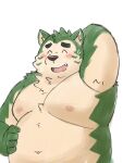  2023 anthro blush bodily_fluids canid canine canis domestic_dog green_body hi_res humanoid_hands kemono lifewonders live_a_hero male mammal mokdai moobs navel nipples overweight overweight_male simple_background solo sweat white_background yaki_atsuage 