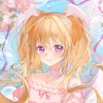  1girl absurdres bare_shoulders blonde_hair blue_background blush bubble closed_mouth collarbone detached_collar flower head_wings highres hoshina_utau long_hair looking_at_viewer off-shoulder_shirt off_shoulder pink_flower pink_ribbon pink_shirt portrait purple_eyes ribbon shirt shugo_chara! smile solo twintails very_long_hair weibo_logo weibo_username wings xiao_xiong_keke_aoi 