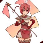  1girl :p absurdres armor artist_request breastplate est_(fire_emblem) fire_emblem fire_emblem_echoes:_shadows_of_valentia headband highres pauldrons red_eyes red_hair short_hair shoulder_armor thighs tongue tongue_out weapon 